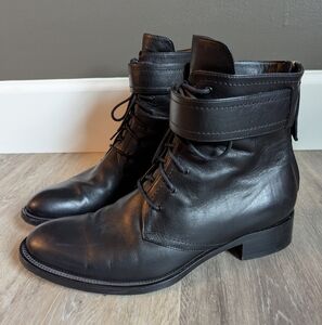 Tamara Mellon Size 38.5 (US 8) Black Lace Up Ankle Moto Boots w/ Top Strap